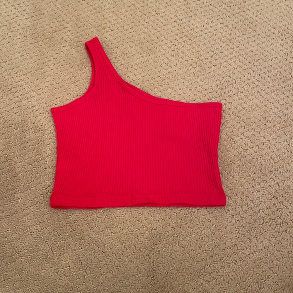 red, one shoulder top